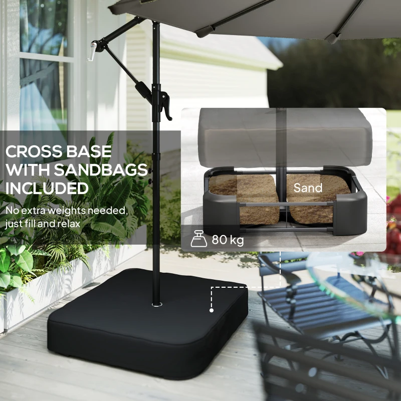 Outsunny 3 m Garden Cantilever Parasol with Cross Base, Sandbag, 360° Rotating Overhanging Banana Umbrella, Grey