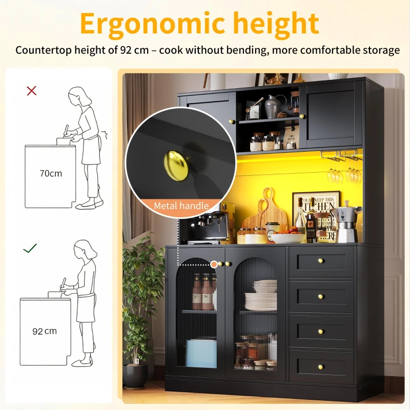 Trendy Sideboard with App-Controlled LED, Snack Rack and Drink Holders, Spacious Buffet with Anti-Tip Fixings, 120L x 40W x 188H cm, Black