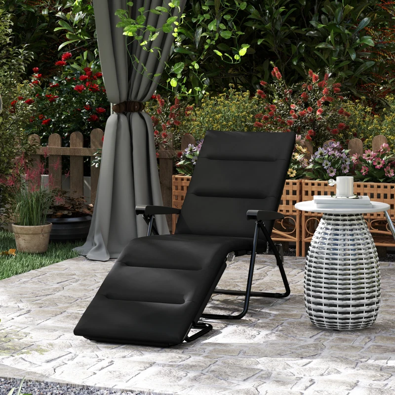 Outsunny Șezlong pliabil transat înclinat 6 poziții cu saltea + cotiere oțel poliester 153 x 58,5 x 89 cm negru