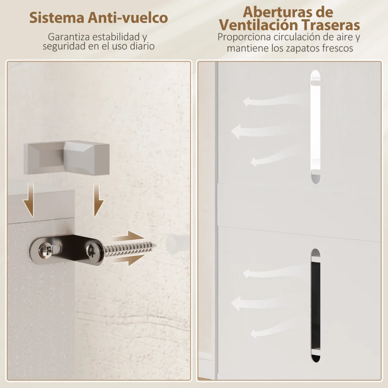 HOMCOM Zapatero Entrada Recibidor con 2 Puertas con Cierre Suave y Estantes Ajustables para 20 Pares de Zapatos Blanco Brillo