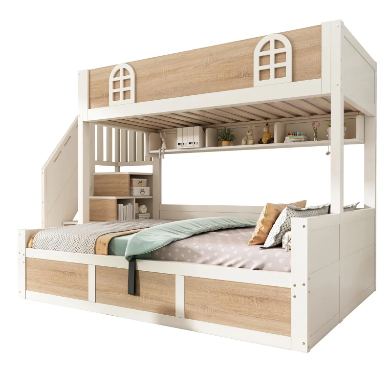 Cabin-Style Bunk Bed with Staircase Storage Cube & Hanging Baskets, Hydraulic-Lift Bed for Children, 244L x 140W x 155H cm, Natural+White