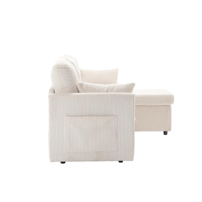 L-Shaped Convertible Sectional Sleeper Sofa with Pull Out Bed, 3-In-1 Convertible Sofa with High Storage Chaise, 206L x 130W x 88H cm, Beige