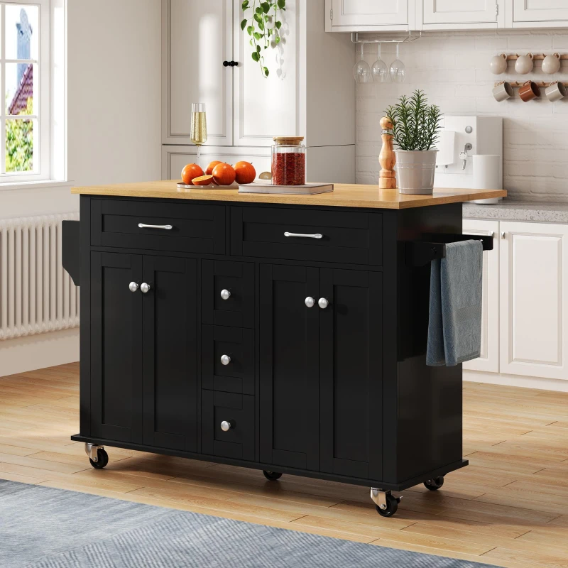 Versatile Kitchen Trolley with Extendable Worktop and 5 Drawers, Sturdy Buffet with Lockable Castors, 140L x 65W x 89H cm, Black+Natural