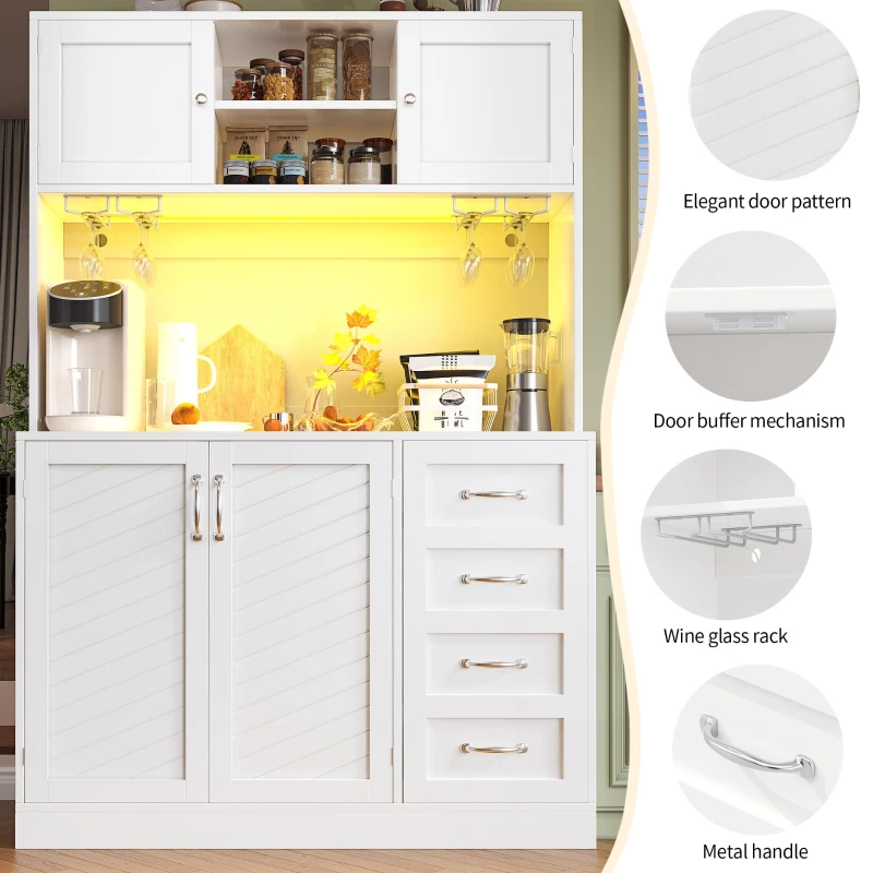 Trendy Sideboard with App-Controlled LED, Snack Rack and Drink Holders, Spacious Buffet with Anti-Tip Fixings, 120L x 40W x 188H cm, White