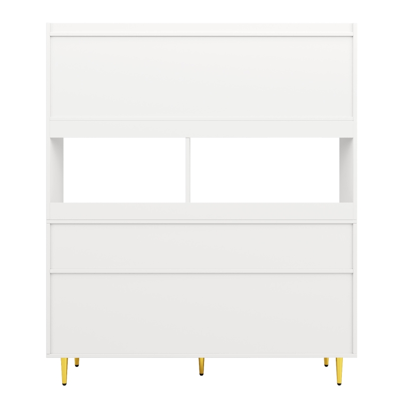 Multifunctional Sideboard with Changhong Glass Door and Glass Holder, Spacious Buffet with Multiple Drawers, 145L x 39W x 171H cm, White