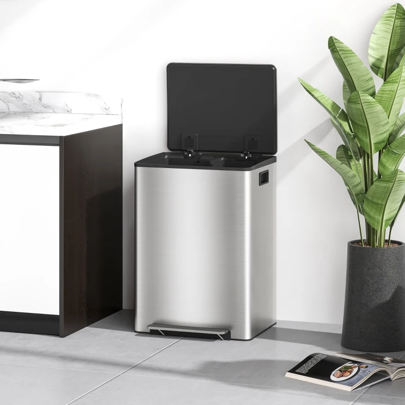 HOMCOM Coș de gunoi cu 2 compartimente de 30L cu pedală și capac silențios, din oțel inoxidabil și PP, 47.7x37.5x66.8 cm
