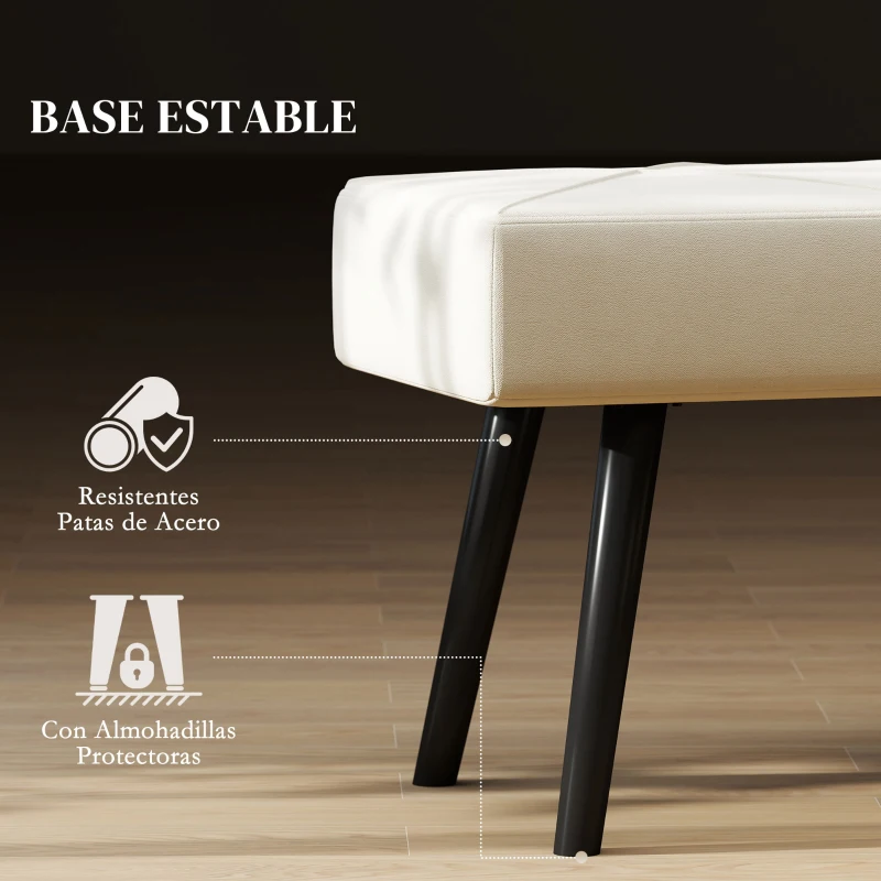 HOMCOM Taburete Pie de Cama Multifuncional con Pies de Acero y Asiento Acolchado para Entrada Pasillo 100x36x45 cm Blanco Crema