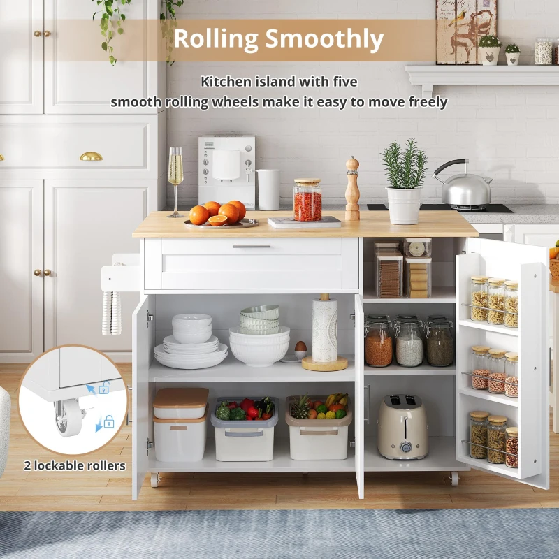 Mobile Kitchen Island with Foldable Oak-Look Worktop, Multi-purpose Trolley with Sliding Drawer, 132.5L x 44W x 90H cm, White+Natural