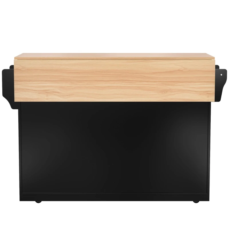 Contemporary Kitchen Storage Trolley with Foldable Dropleaf, Spacious Buffet with Towel Holders, 120L x 71W x 91.5H cm, Black+Natural