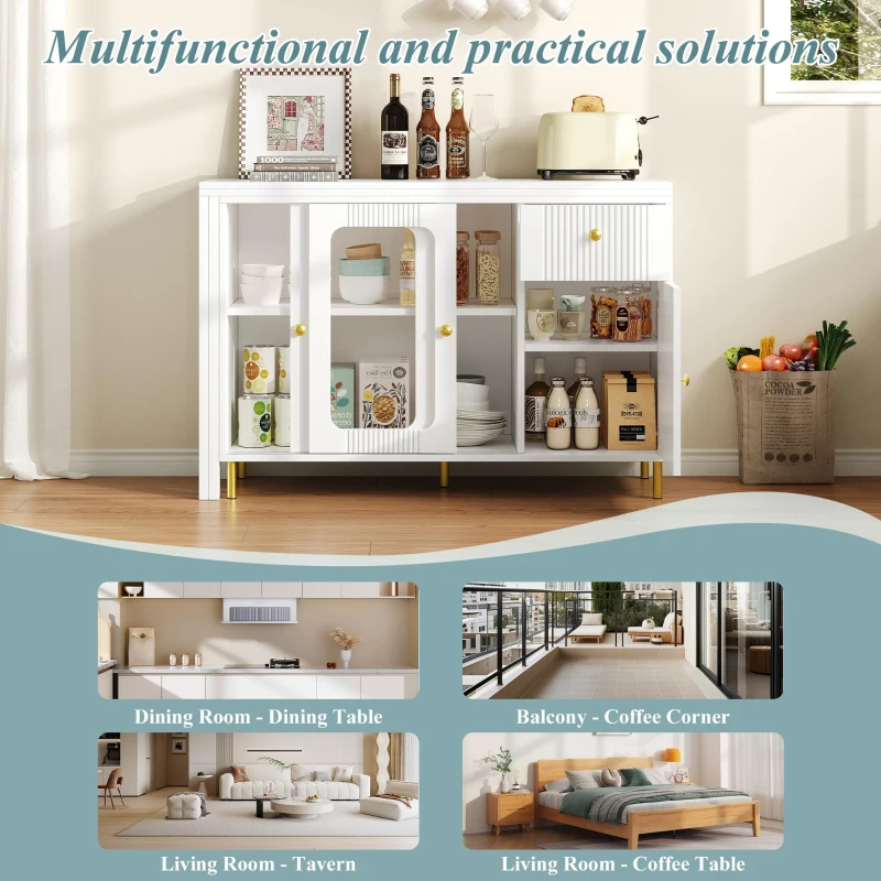 Multifunctional Bar Cabinet with Rotating Extendable Tabletop, Space-Saving Sideboard with Sliding Doors, 122L x 40W x 82H cm, White