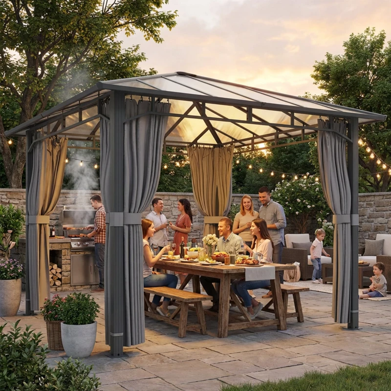 Outsunny Pavilion de grădină aprox. 3 x 3 m, pavilion metalic cu acoperiș din policarbonat de 6 mm, 4 părți laterale, UV50+ gri închis