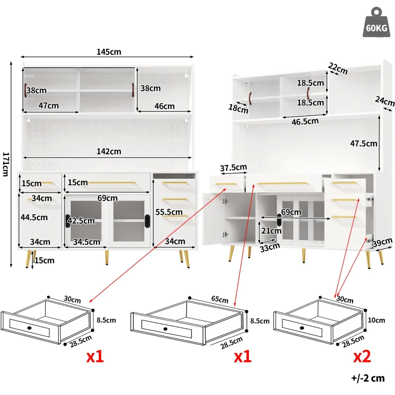 Trendy Sideboard with App-Controlled LED and MDF Pegboard, Tall Storage Cabinet with Sliding Door, 45L x 39W x 171H cm, White