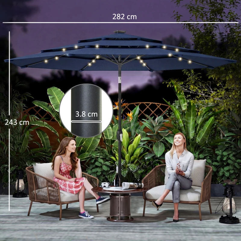 Outsunny 2.8 m Garden Parasol Umbrella with LED Solar Light, Parasol Cover, 3 Tier Outdoor Table Market Patio Umbrella, Navy Blue