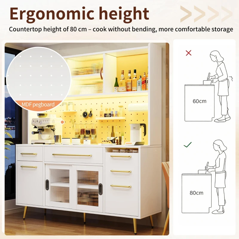Trendy Sideboard with App-Controlled LED and MDF Pegboard, Tall Storage Cabinet with Sliding Door, 45L x 39W x 171H cm, White