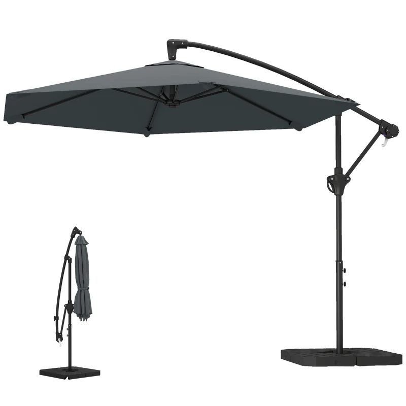 Outsunny Umbrelă de Grădină Offset 3x3 m, Umbrelă de Exterior cu Greutăți Reumplibile, Bază în Formă de Cruce, Sistem de Blocare, Manivelă, pentru Piscină Terasă, UV 30+, Gri Închis