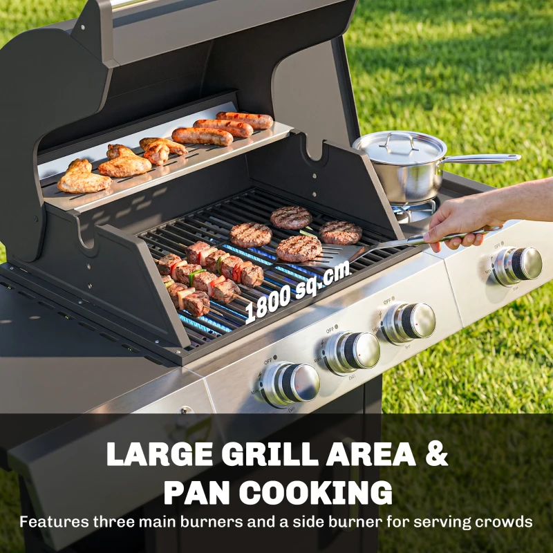 Outsunny Gasbarbecue 10,5 kW 3+1 Brander BBQ Grillwagen Roestvrij Staal incl. Zijbrander Flesopener Thermometer Gietijzeren Grillrooster