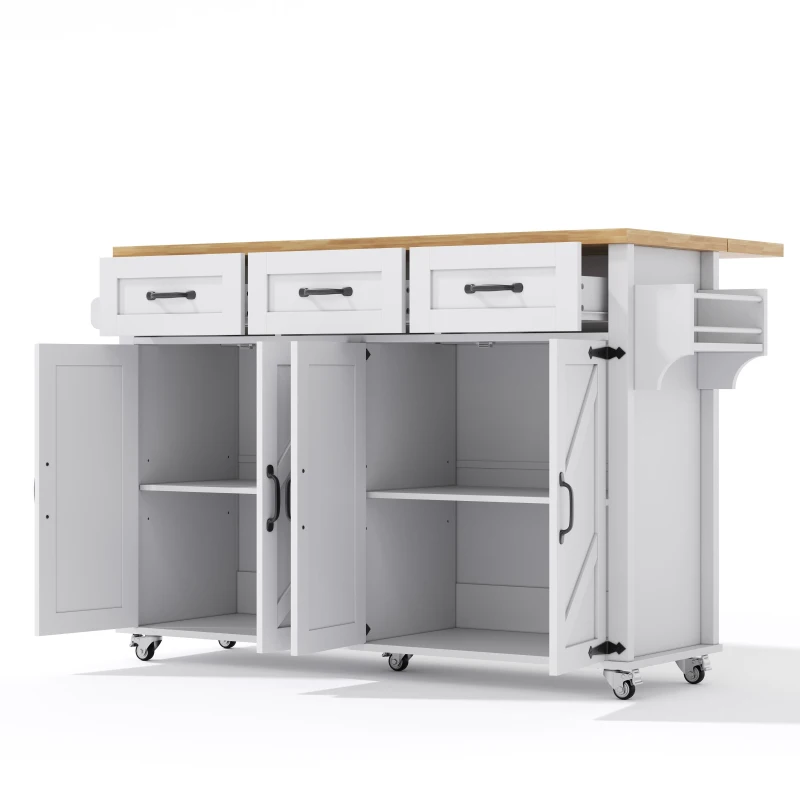 Mobile Kitchen Island with 5 Lockable Castors and Central Wheel, Practical Cart with Foldable Tabletop, 140L x 70W x 90.5H cm, White+Natural