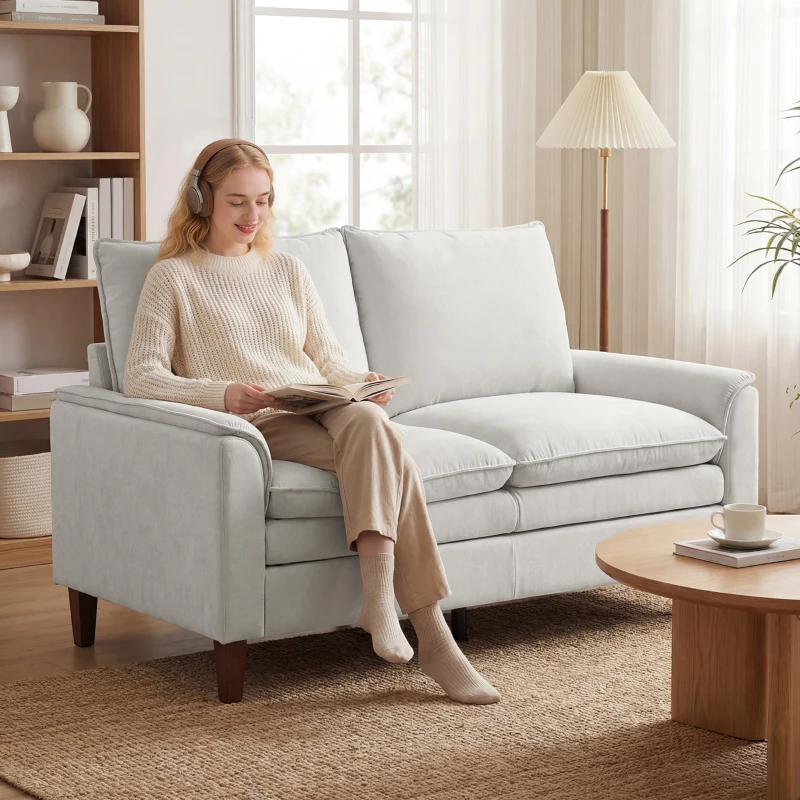 HOMCOM Canapea 2 locuri 146 cm, canapea chenille cu căptușeală în două straturi, pernă cu arcuri, șezut adânc, spătar înalt, alb crem