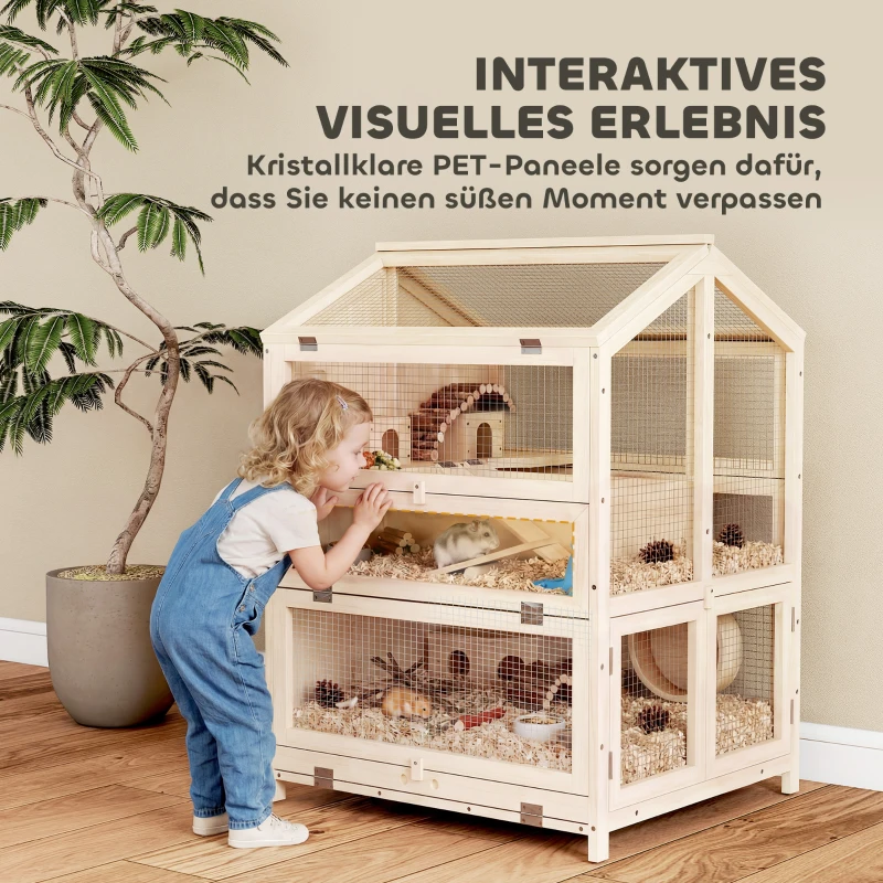 PawHut Houten hamsterkooi met 3 verdiepingen, dierenkooi met huisjes, wipplanken, hellingen en drinkbakjes, 68x61,5x90 cm naturel hout