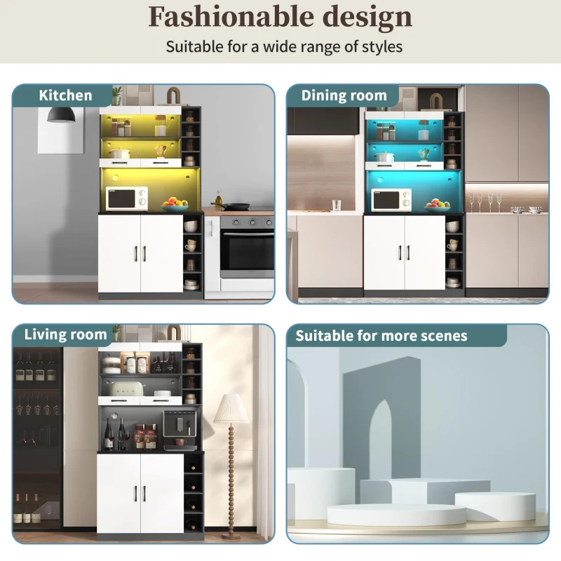 Tall Kitchen Cupboard with LED Lighting and Generous Storage, Freestanding Pantry with Microwave Shelf, 100L x 47W x 187H cm, White+gray