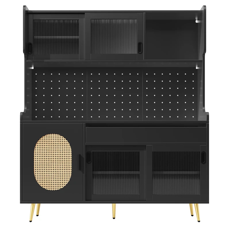 Country-Style Sideboard with Fluted Glass Doors and App-Controlled LED Strip, Storage Buffet with Pegboard Back, 145L x 39W x 171H cm, Black