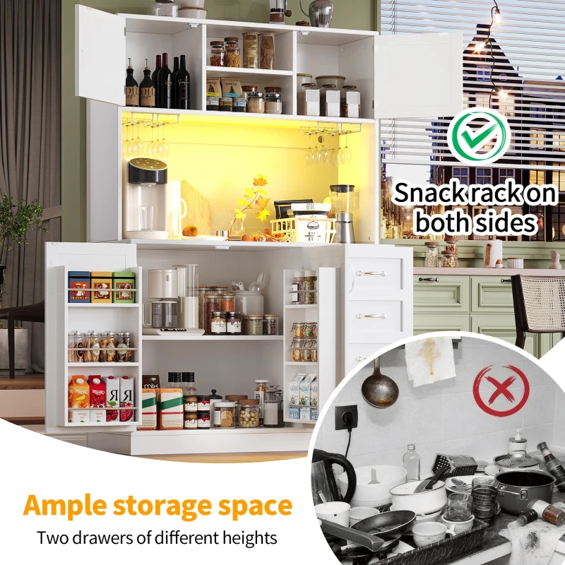 Trendy Sideboard with App-Controlled LED, Snack Rack and Drink Holders, Spacious Buffet with Anti-Tip Fixings, 120L x 40W x 188H cm, White