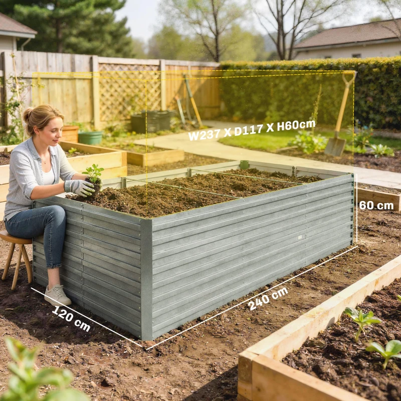 Outsunny Jardineră exterioară, jardineră ridicată galvanizată cu bordură de siguranță și fund deschis 240 x 120 x 60 cm gri argintiu