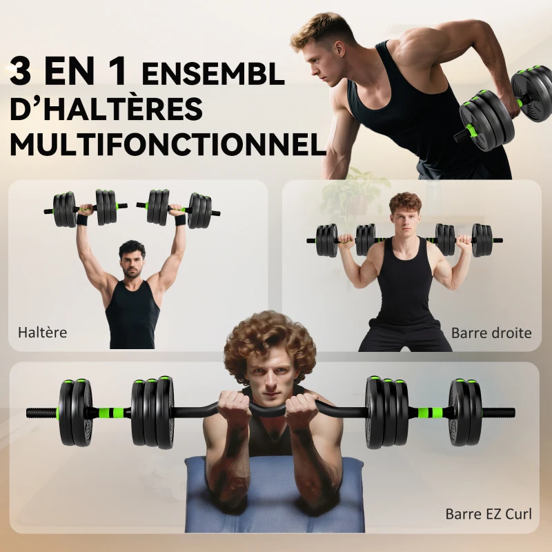 SPORTNOW Kit haltères musculation haltères réglables 20 kg 3 en 1, ensemble de poids réglable avec barre d'extension noir