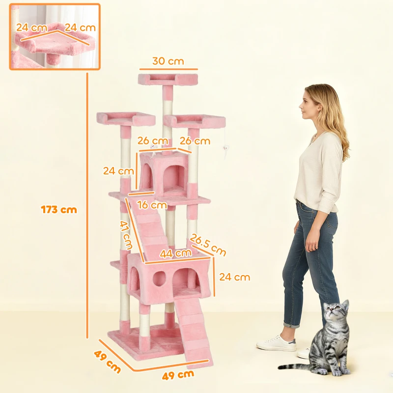 PawHut 173cm Cat Tree Scratching House, Activity Play Centre, Pink
