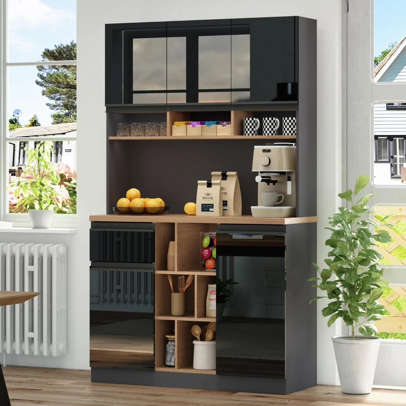 Stylish Kitchen Cabinet with 3 Smooth-Sliding Drawers, Versatile Sideboard with Adjustable Shelves, 105L x 45W x 185H cm, Black+Natural