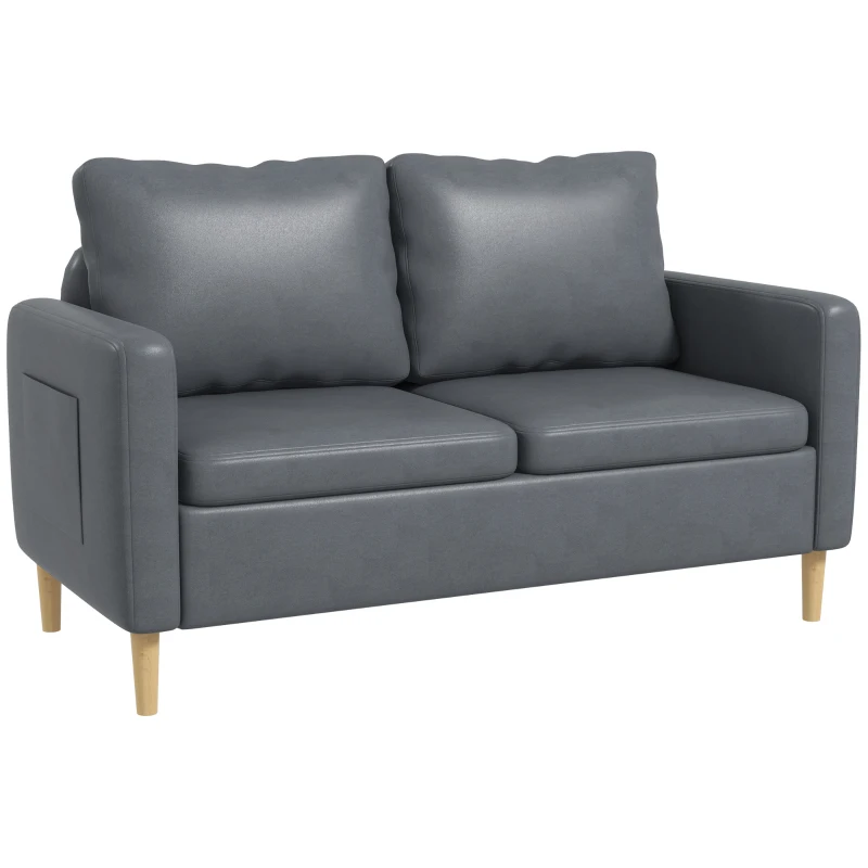 HOMCOM Canapea 2 locuri Tapițată în Poliester cu 2 Buzunare Laterale, Brațere și Picioare din Lemn 143x76x83 cm Gri