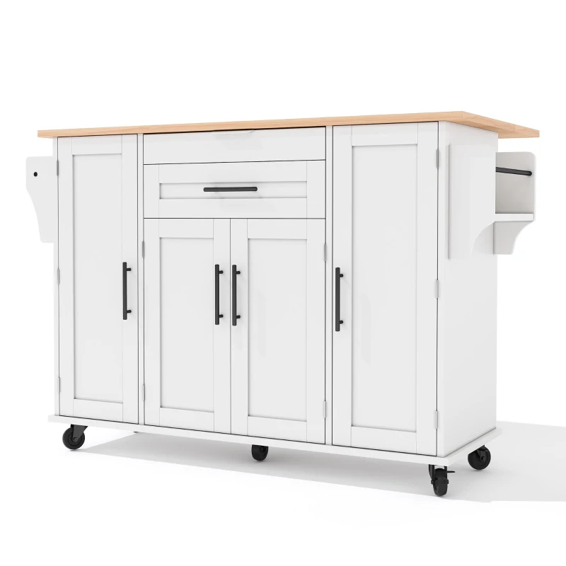 Versatile Kitchen Trolley with Fold-Out Worktop, Spacious Storage Island with Double-Door Cabinets, 136L x 70W x 92H cm, White+Natural