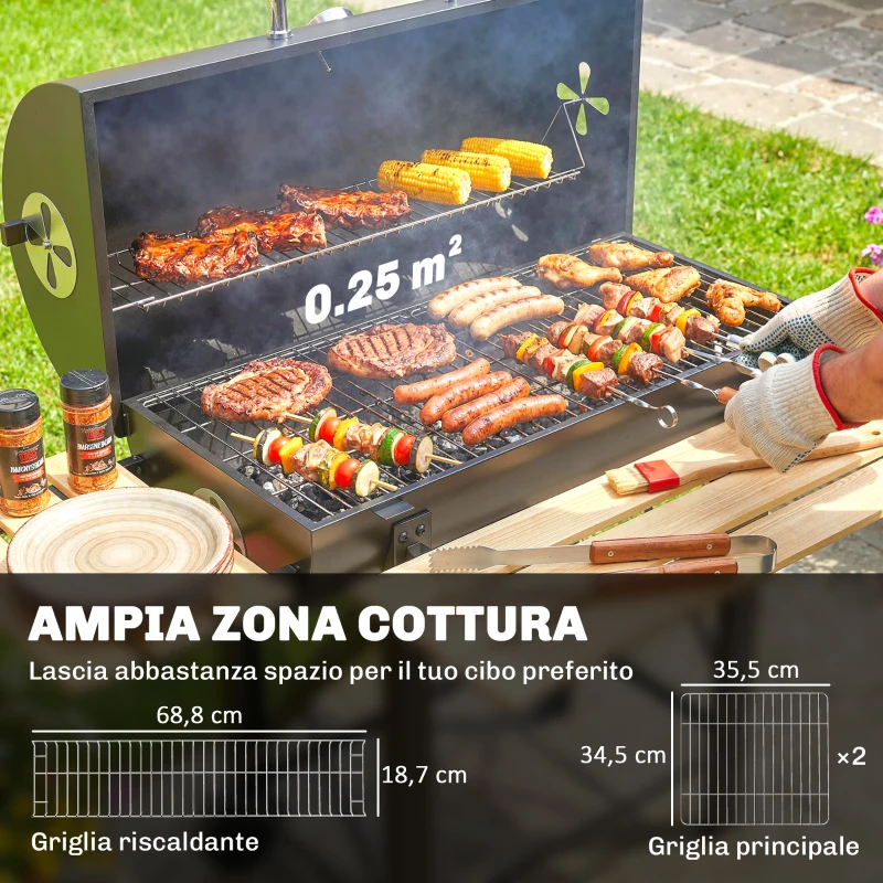 Outsunny Barbecue a Carbone con Griglia Regolabile, Ripiani Pieghevoli, Termometro e Ruote. Nero