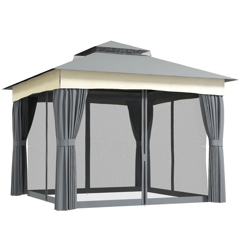 Outsunny Pavilion cu acoperiș dublu, 3x3 m, rezistent la apă, stabil, rezistent la iarnă, pavilion din metal, Gri închis