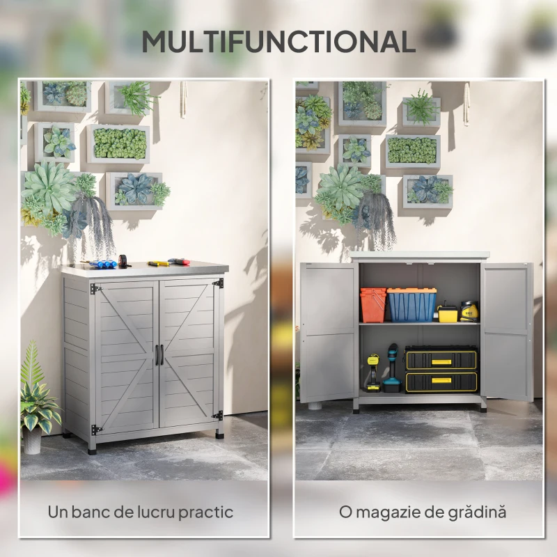 Outsunny - Dulap de Depozitare pentru Exterior, Cutie de Depozitare din Lemn cu Blat Metalic și Rafturi, Banc de Lucru pentru Grădină cu Uși Duble, Gri