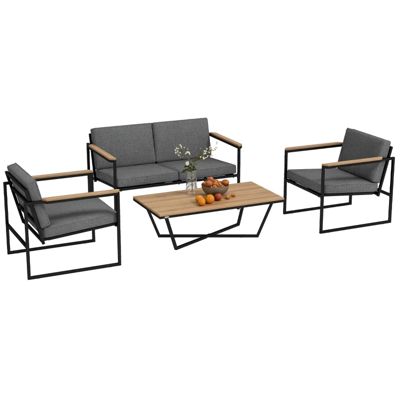 Outsunny Set mobilier de grădină pentru 4 persoane, rezistent la intemperii, set mobilier balcon cu sofă 2 locuri, 2 scaune, perne, măsuță laterală Gri