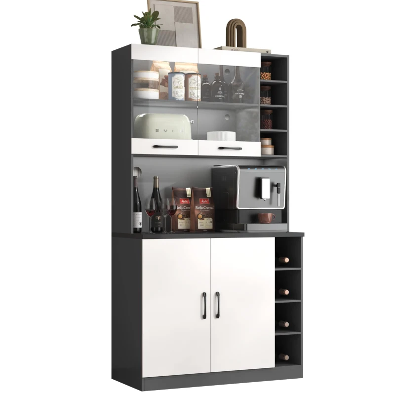 Tall Kitchen Cupboard with LED Lighting and Generous Storage, Freestanding Pantry with Microwave Shelf, 100L x 47W x 187H cm, White+gray