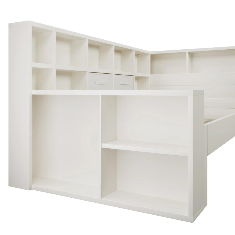 Practical Platform Bed with USB, Type-C Charging Ports and Bookcase, L-Shaped Bed with Triple-Side Storage, 234L x 116W x 90H cm, White