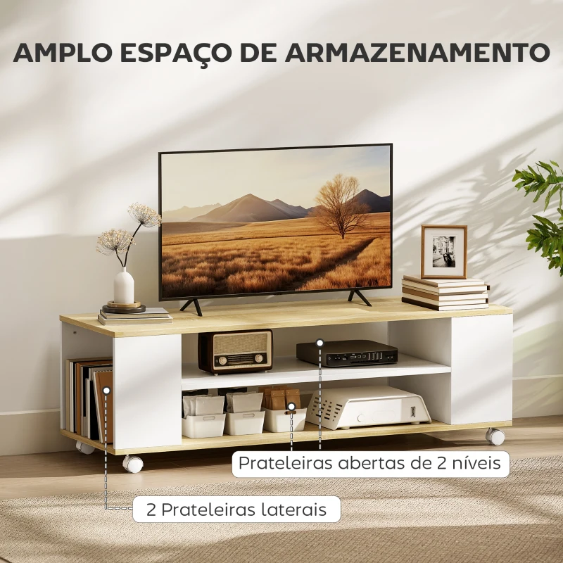 HOMCOM Móvel para TV com Rodas Armário para TV Flutuante com 2 Portas e 2 Prateleiras 120x40x38,5cm Branco e Madeira