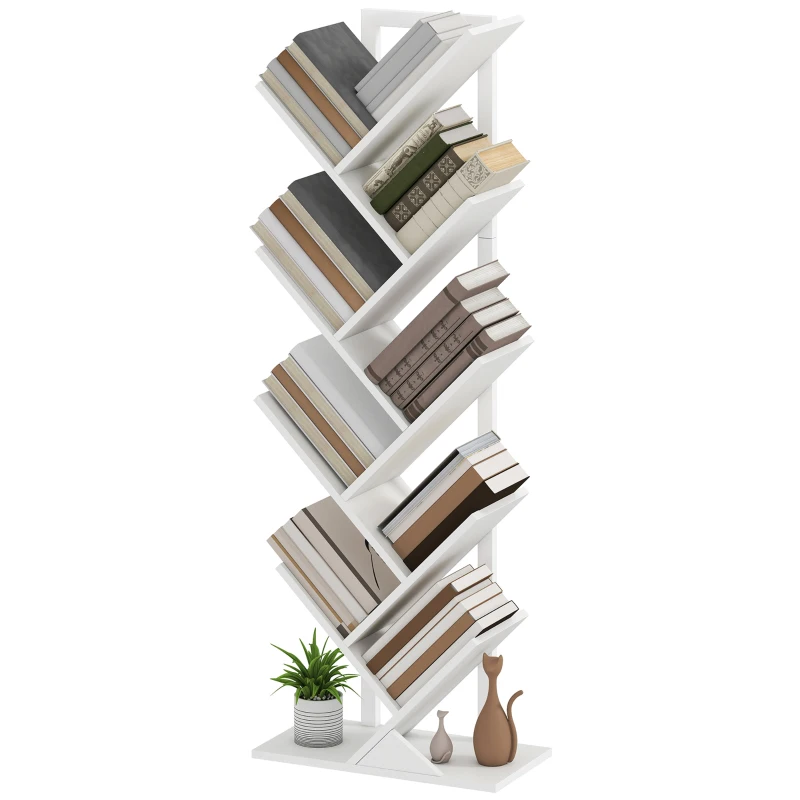 HOMCOM 9-Tier Tree Bookshelf, Industrial Free Standing Bookcase with Steel Frame, Display Storage White