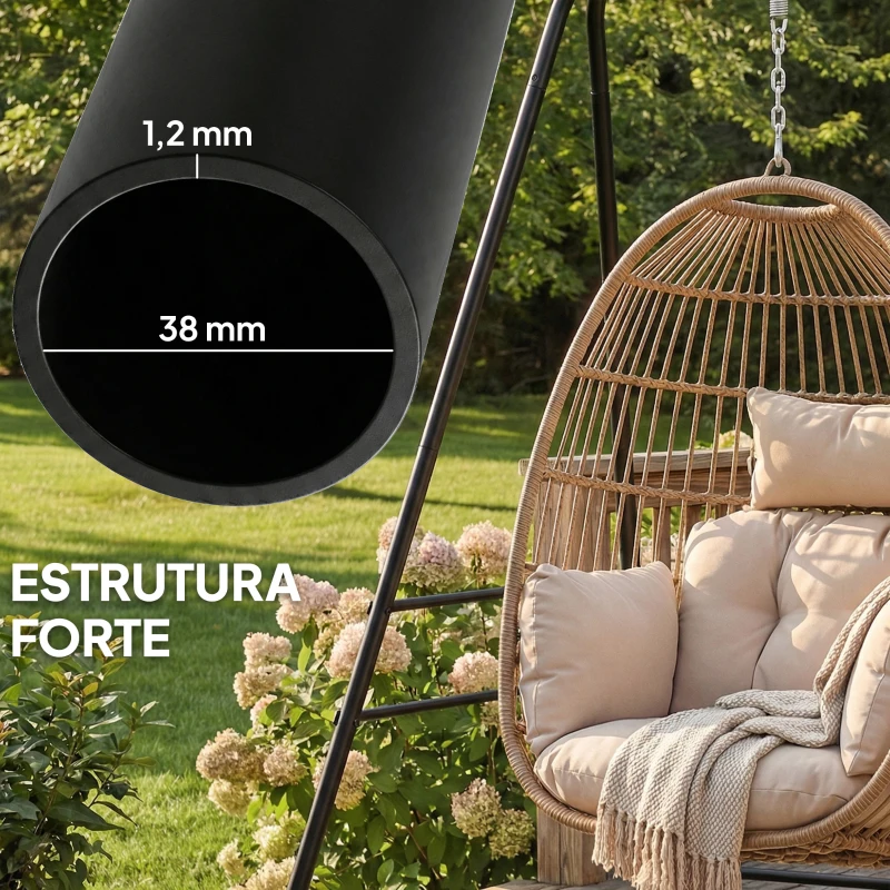 Outsunny Suporte para Cadeira Suspensa Rede 183 cm Suporte para Balanço Estrutura de Aço Almofadas Antiderrapantes Preto
