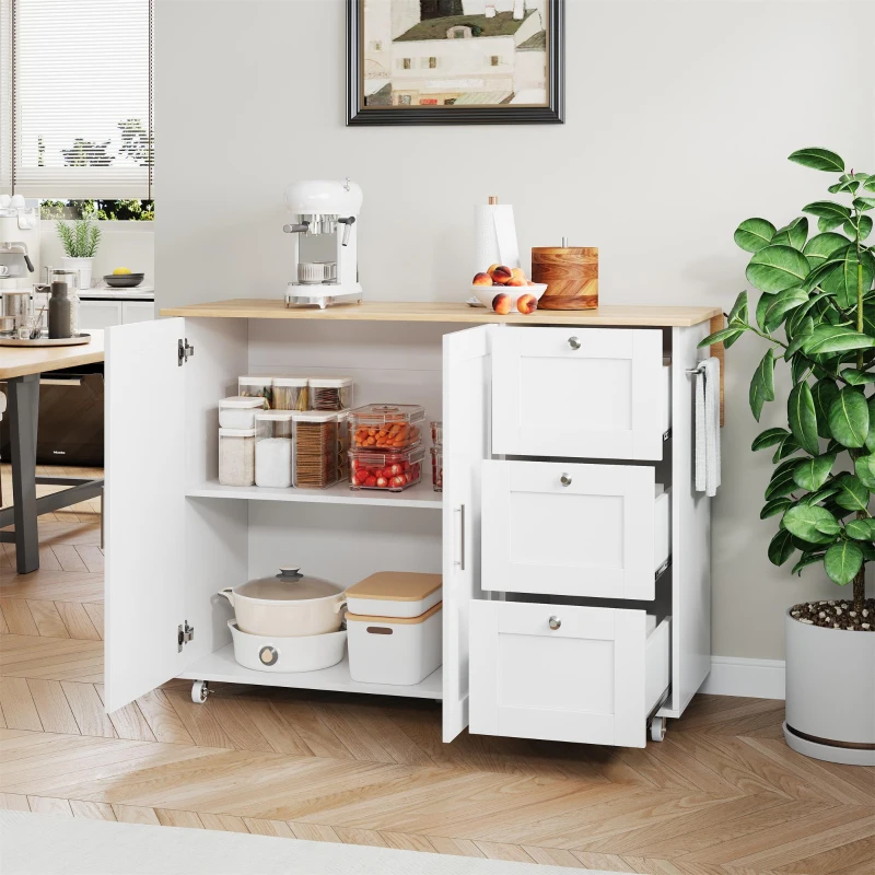 Versatile Kitchen Island with 3 Drawers and 2-Door Cabinet, Space-Saving Rolling Trolley with Foldable Worktop, 135L x 70W x 90H cm, White