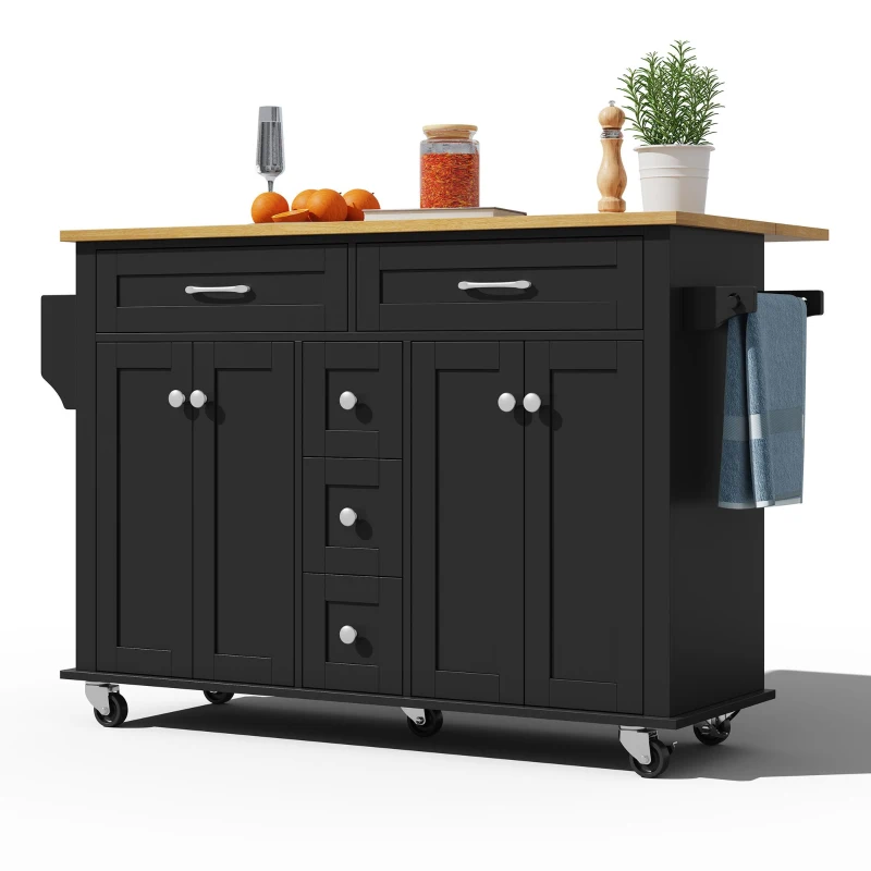 Versatile Kitchen Trolley with Extendable Worktop and 5 Drawers, Sturdy Buffet with Lockable Castors, 140L x 65W x 89H cm, Black+Natural
