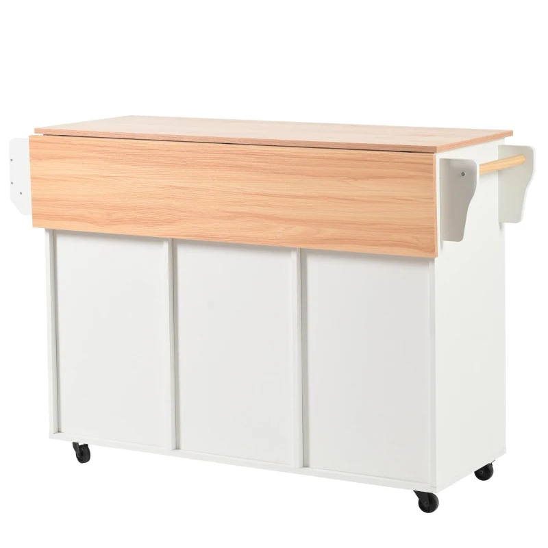 Stylish Kitchen Trolley with Foldable Wood-Grain Countertop, Versatile Buffet with Interchangeable Wheels, 139L x 46W x 91H cm, White
