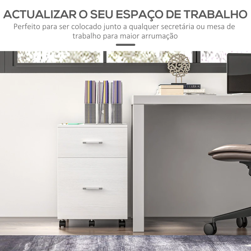 HOMCOM Bloco de Gaveta para Escritório com 2 Compartimentos com Rodas Arquivador Móvel para Arquivos A4 ou Documentos 39,5x39x58,5 cm Branco