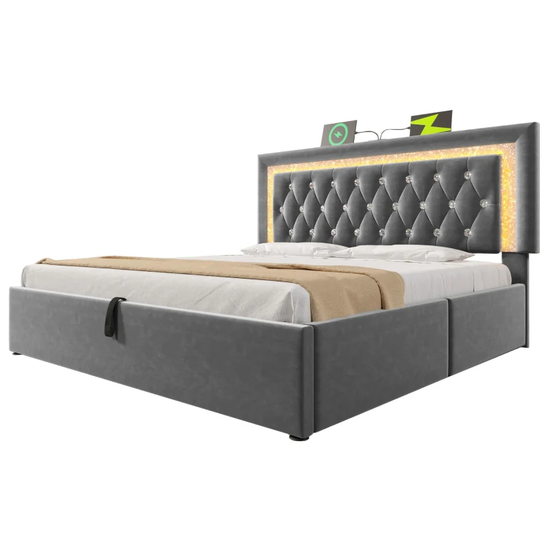Upholstered Bed with Built-In USB Ports and Type-C Charging, Hydraulic Storage Bed with Adjustable Headboard, 214L x 160W x 108H cm, Grey
