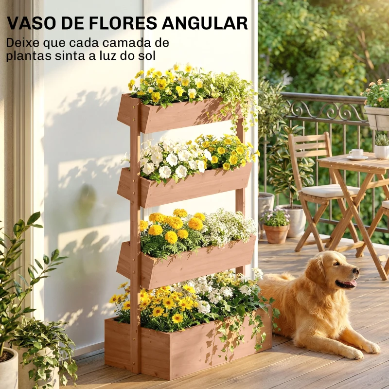 Outsunny Canteiro de Madeira de 4 Níveis Canteiro Elevado Exterior com Orifícios de Drenagem Tecido Não Tecido Castanho