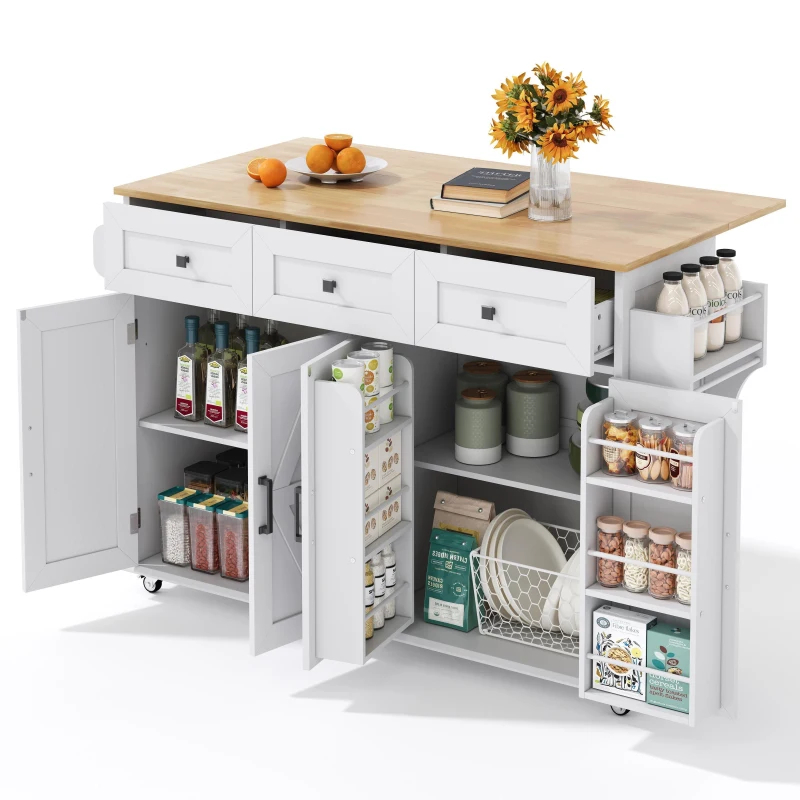 Practical Kitchen Island with 3 Drawers, Door-Mounted Shelf, Trendy Cart with Foldable Countertop, 140L x 70W x 90.5H cm, White+Natural