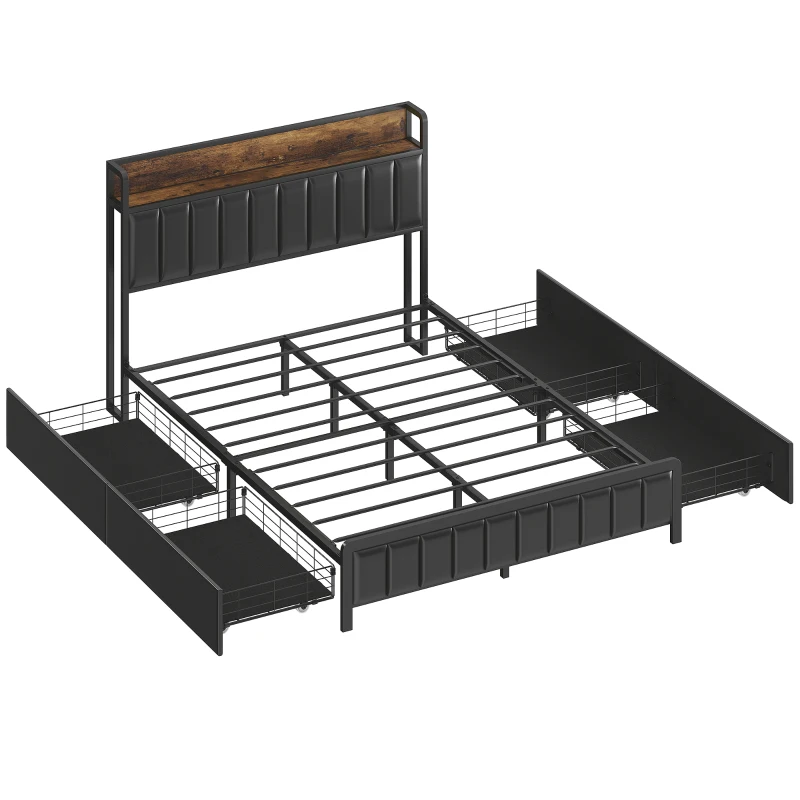 HOMCOM Estructura de cama 140 x 190 cm con somier de lamas metálicas, cama doble tapizada con 4 cajones y estante, negro