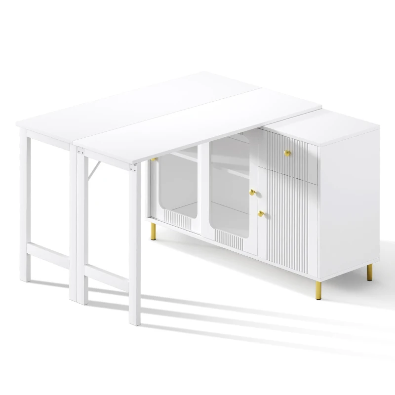 Multifunctional Bar Cabinet with Rotating Extendable Tabletop, Space-Saving Sideboard with Sliding Doors, 122L x 40W x 82H cm, White